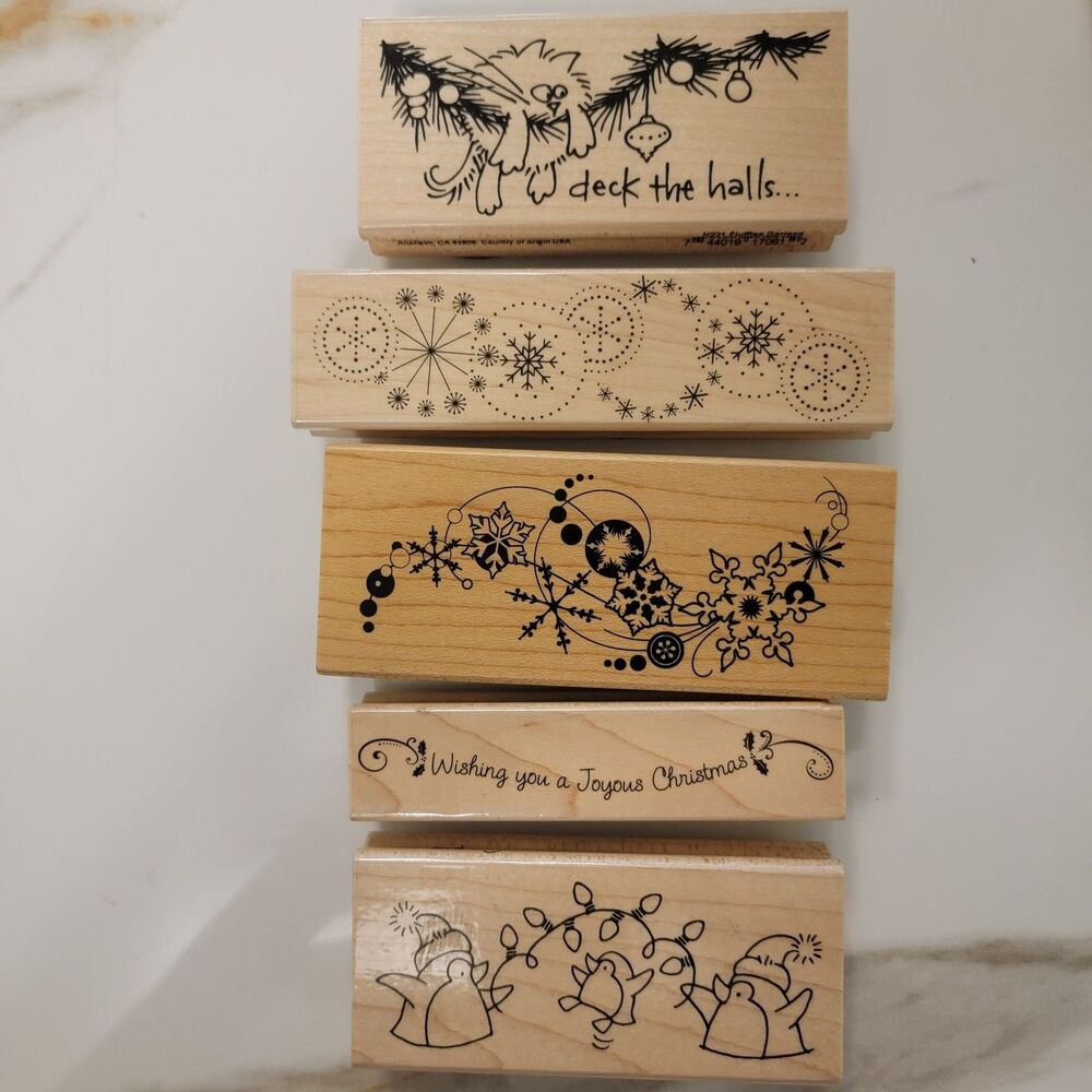 WINTER/HOLIDAY Themed Border Stamps 5 Set Snowflakes/Penguins/Fat Cat/Phrase NEW